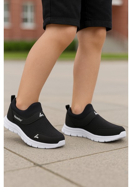Bağcıksız Çocuk Triko Spor Ayakkabı-Siyah Beyaz