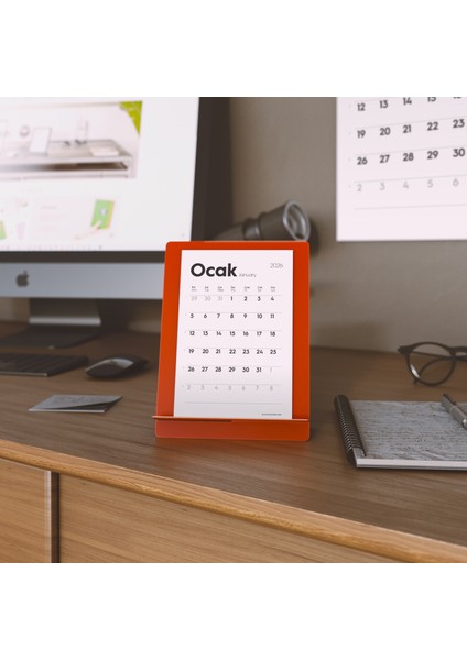 Munucal S Kırmızı - 2026 Metal Masa Takvimi - 12 Yaprak 300 gr - Minimalist Tasarım