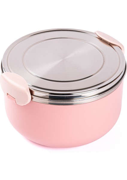 024-01-TEDEMEI Pembe Paslanmaz Çelik Iç Hazneli 2 Katlı Yuvarlak Yemek Taşıma Kabı 1l