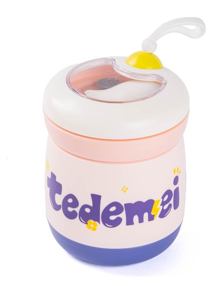 036-01- Tedemeı Pembe Paslanmaz Çelik Kaşıklı Yemek Taşıma Kabı 450ML