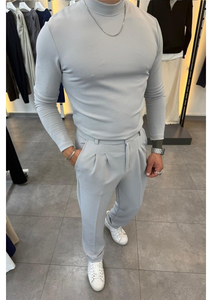 Yarım Balıkçı Pamuk Örme Likralı Esnek Rahat Kumaş Pileli Pantolonlu Takım