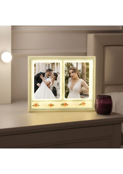 LED Işıklı Çiçekli Çift Fotoğraflı Çerçeve - 20X25CM