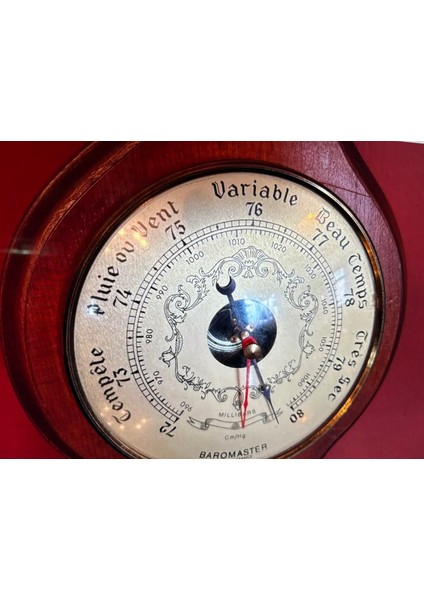 Fransız Derece Barometre ve Higrometre Ahşap Kaidesinde 50 cm Boyunda