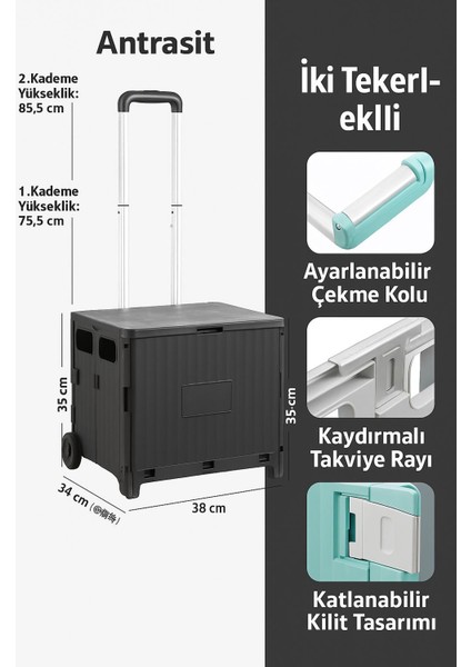 Katlanabilir Iki Tekerlekli Alışveriş ve Depolama Çantası – Kapaklı Teleskopik Çekme Kolu Kamp Plaj Çok Amaçlı fırsatları