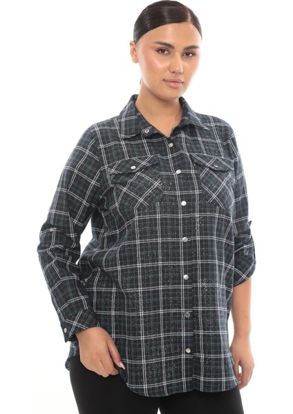 Büyük Beden Ekose Desenli Simli Rahat Kalıp Kadın Gömlek