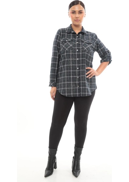 Büyük Beden Ekose Desenli Simli Rahat Kalıp Kadın Gömlek modelleri