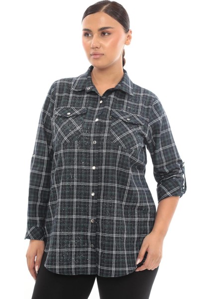 Büyük Beden Ekose Desenli Simli Rahat Kalıp Kadın Gömlek fırsatları