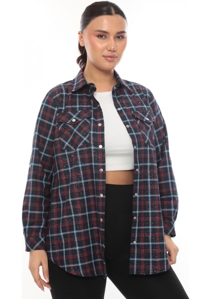 Büyük Beden Ekose Desenli Simli Rahat Kalıp Kadın Gömlek