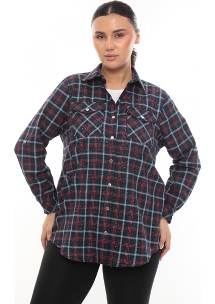 Büyük Beden Ekose Desenli Simli Rahat Kalıp Kadın Gömlek fiyatları