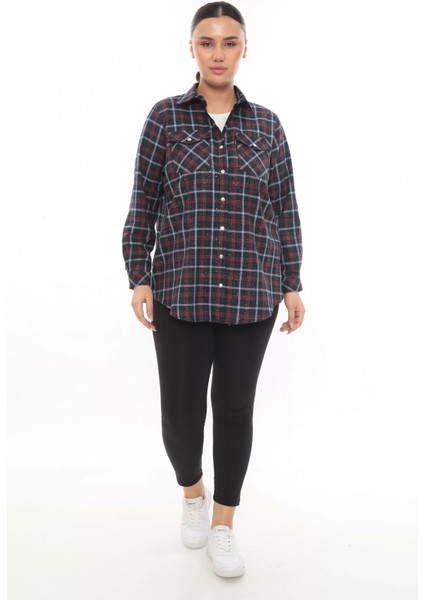 Büyük Beden Ekose Desenli Simli Rahat Kalıp Kadın Gömlek modelleri