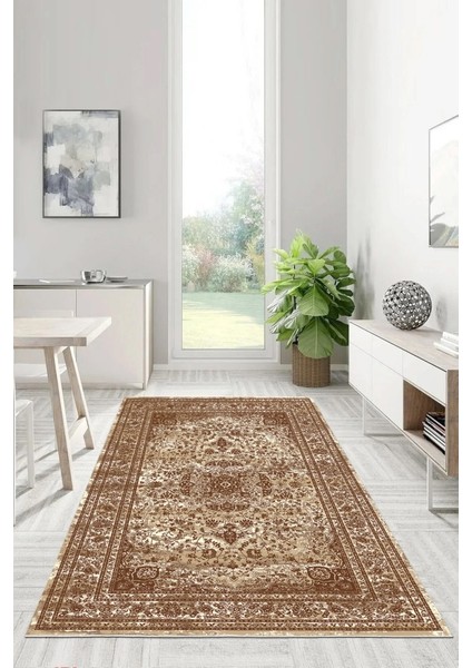 Kültürle Bezenmiş Konfor Bej ve Kahve Tonlarında Klasik Kaymaz Taban Halı fiyatları