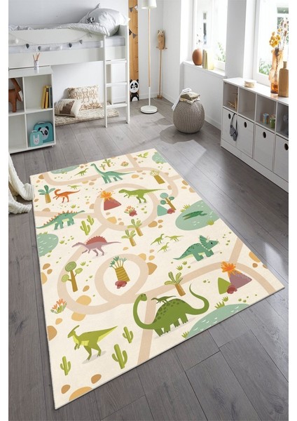 Dinozorlarla Dolu Bir Oyun Dünyası Çocuk Halısı- Kaymaz Taban