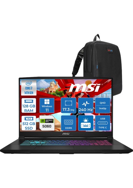 Msı Katana 17 Hx Intel Core I7 14650HX 128GB Ddr5 512GB SSD Windows 11 Pro RTX5060 8gb Gddr7 115W 17 Inç 2k QHD(2560X1440) 240HZ Gaming Laptop B14WFK216XTRP42 + Zetta Çanta