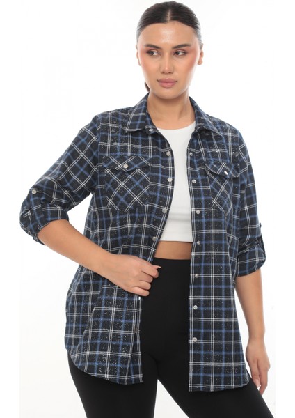 Büyük Beden Ekose Desenli Simli Rahat Kalıp Kadın Gömlek