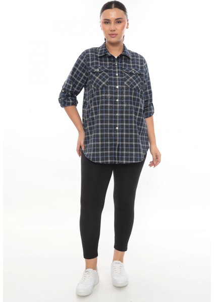 Büyük Beden Ekose Desenli Simli Rahat Kalıp Kadın Gömlek fiyatları