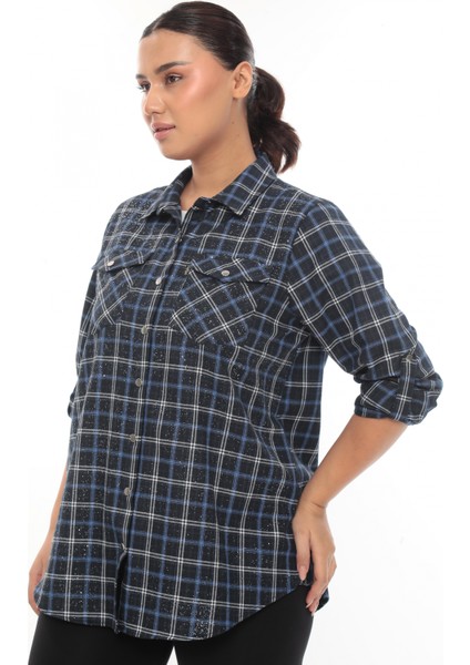 Büyük Beden Ekose Desenli Simli Rahat Kalıp Kadın Gömlek modelleri