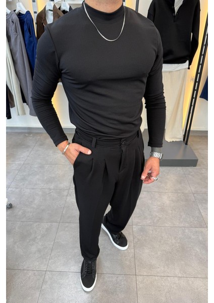 Yarım Balıkçı Pamuk Örme Likralı Esnek Rahat Kumaş Pileli Pantolonlu Takım