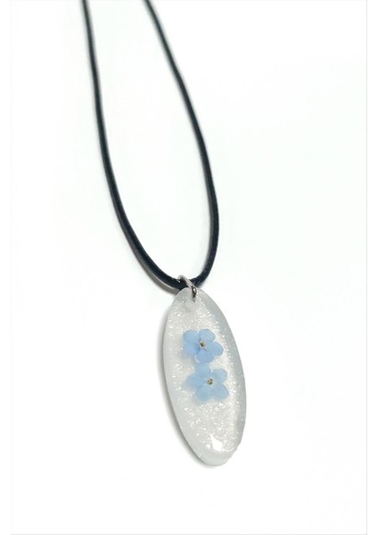 Ds-Derin Unutma Çiçeği Oval Epoksi Kolye-Beyaz