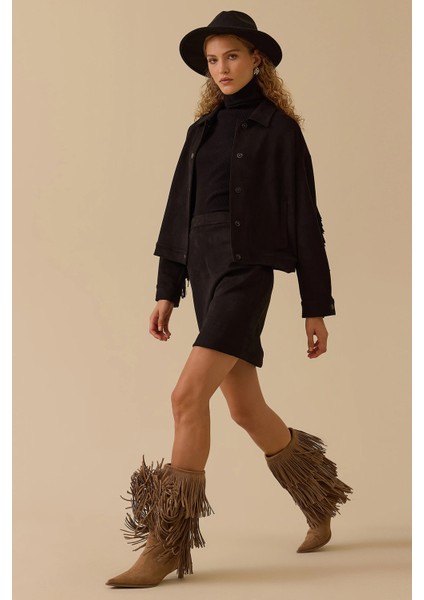 Kadın Püskül Detaylı Kısa Süet Ceket 0014 Siyah