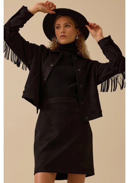 Kadın Püskül Detaylı Kısa Süet Ceket 0014 Siyah fiyatları