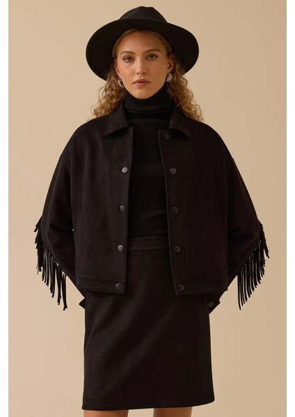 Kadın Püskül Detaylı Kısa Süet Ceket 0014 Siyah modelleri