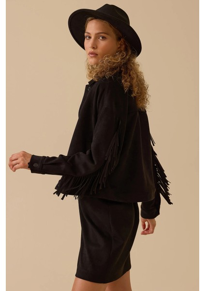 Kadın Püskül Detaylı Kısa Süet Ceket 0014 Siyah fırsatları