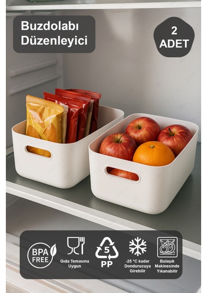 2 Adet Buzdolabı Düzenleyici Organizer Beyaz Renk Plastik Çok Amaçlı Düzenleyici