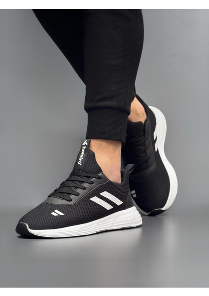 Unisex Bağcıklı Triko Poli Taban Spor Ayakkabı-Siyah-Beyaz