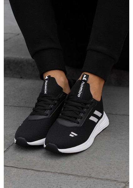 Unisex Bağcıklı Triko Poli Taban Spor Ayakkabı-Siyah-Beyaz indirimleri