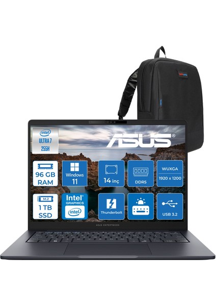 Expertbook B5 B5405CCA-U716512B1D Intel® Core™ Ultra 7 255H Aı 96GB Ddr5 1tb SSD Intel® Arc™ Graphics 14"inç Wuxga (1920X1200) IPS 300NITS WIN11HOME Taşınabilir Bilgisayar B5405CCAH28+ZETTAÇANTA