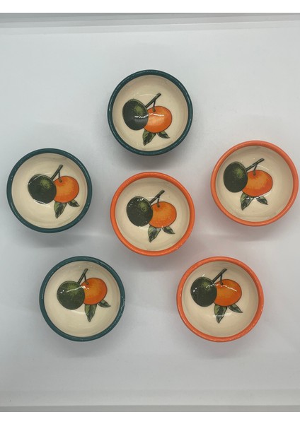 Yeşil Turuncu Bodrum Mandalina Desenli Seramik Kase Reçellik Çerezlik Lokumluk 6’lı Set