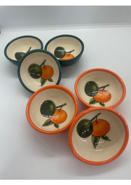 Yeşil Turuncu Bodrum Mandalina Desenli Seramik Kase Reçellik Çerezlik Lokumluk 6’lı Set modelleri