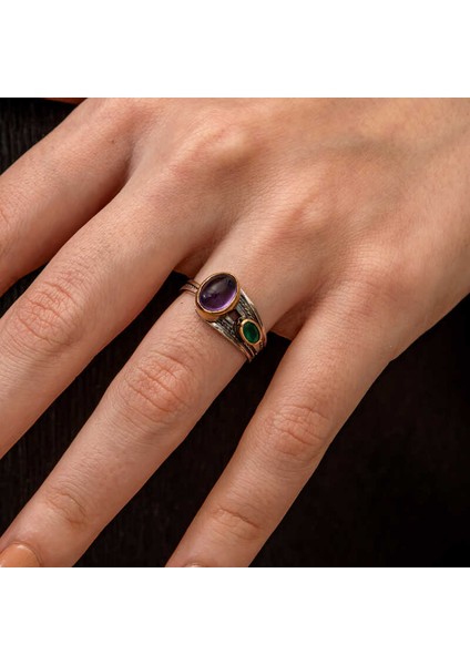 Gümüş Ametist Taşlı Zümrüt Otantik Ayarlanabilir Kadın Yüzük indirimleri