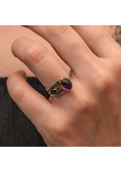 Gümüş Ametist Taşlı Zümrüt Otantik Ayarlanabilir Kadın Yüzük