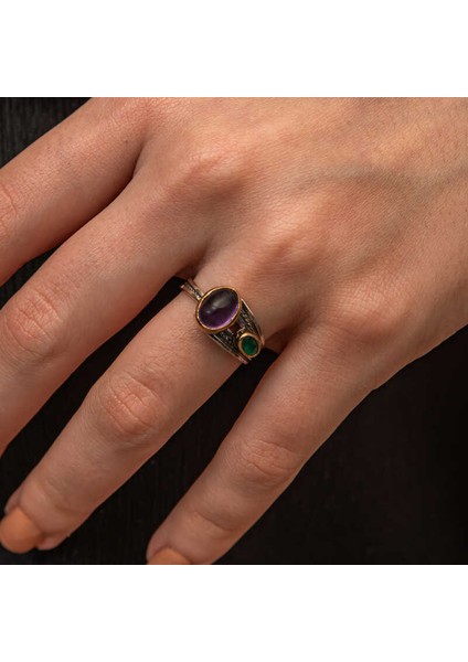 Gümüş Ametist Taşlı Zümrüt Otantik Ayarlanabilir Kadın Yüzük