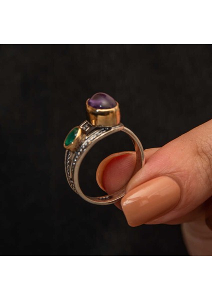 Gümüş Ametist Taşlı Zümrüt Otantik Ayarlanabilir Kadın Yüzük