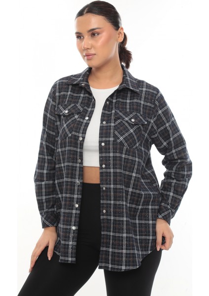 Büyük Beden Ekose Desenli Simli Rahat Kalıp Kadın Gömlek