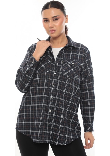 Büyük Beden Ekose Desenli Simli Rahat Kalıp Kadın Gömlek fiyatları