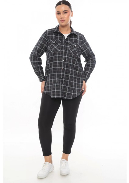 Büyük Beden Ekose Desenli Simli Rahat Kalıp Kadın Gömlek modelleri