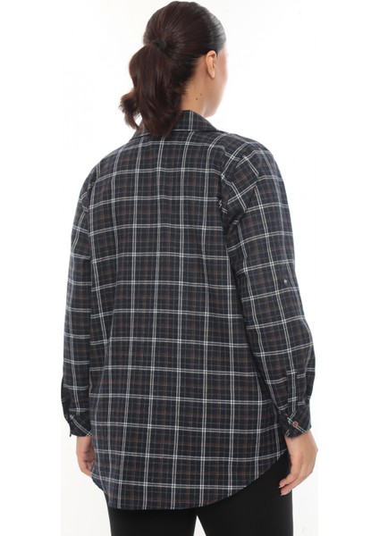 Büyük Beden Ekose Desenli Simli Rahat Kalıp Kadın Gömlek fırsatları