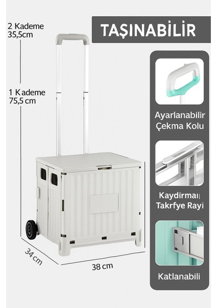 Katlanabilir Iki Tekerlekli Alışveriş ve Depolama Çantası – Kapaklı Teleskopik Çekme Kolu Kamp Plaj Çok Amaçlı Beyaz indirimleri