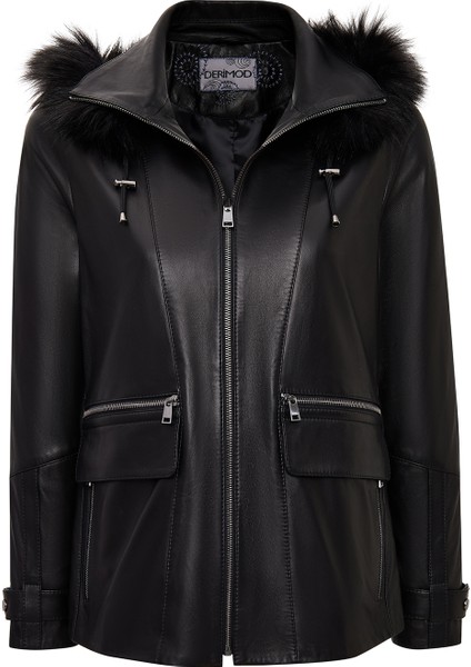 Chantal Kadın Siyah Kapüşonlu Kürklü Oversize Deri Mont 25WGD5603U4