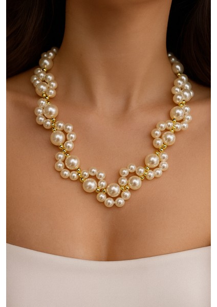 Gold Detaylı Inci Kolye ve Bileklik Seti