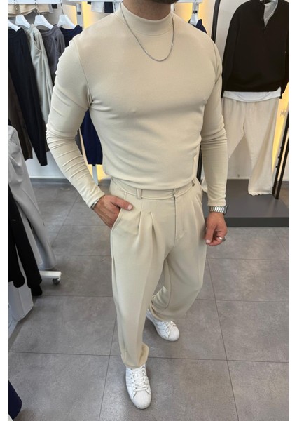 Yarım Balıkçı Pamuk Örme Likralı Esnek Rahat Kumaş Pileli Pantolonlu Takım