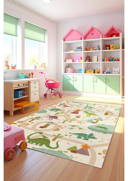 Dinozorlarla Dolu Bir Oyun Dünyası Çocuk Halısı- Kaymaz Taban modelleri