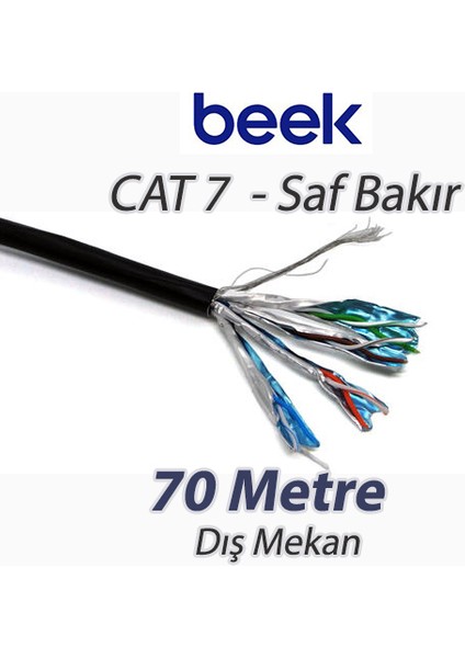 Cat7 - 70 Metre Saf Bakır S/ftp AWG23 Spe Dış Mekan Data Kablosu, Siyah Renk