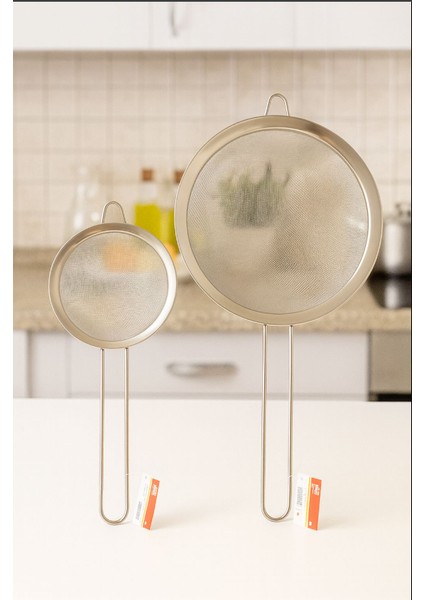 2 Adet Metal Saplı Paslanmaz Çelik Süzgeç Set- 2 Boy (14 Cm, 22 Cm) Metal Ince Tel Süzgeç Seti