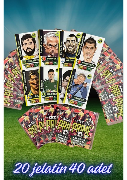 Kick Off Prime Karikatür Futbolcu Kartları 20 Jelatin 40 Adet Eğlenceli Futbolcu Kartı