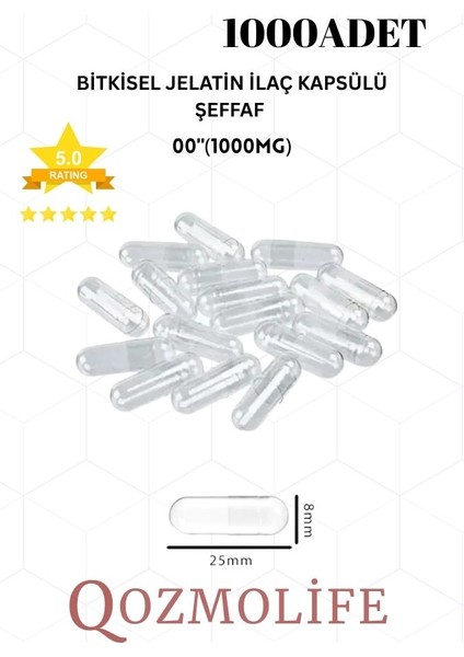 büyük boy şeffaf bitkisel jelatin boş kapsülü helal 00"1000mg (1000 adet)