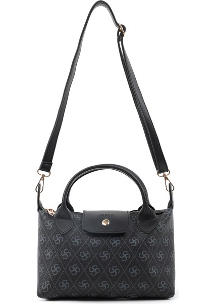 Monogram Baskılı Siyah SHK135 Suni Deri, Tek Bölmeli, Çift Askılı El, Kol ve Çapraz Omuz Çantası